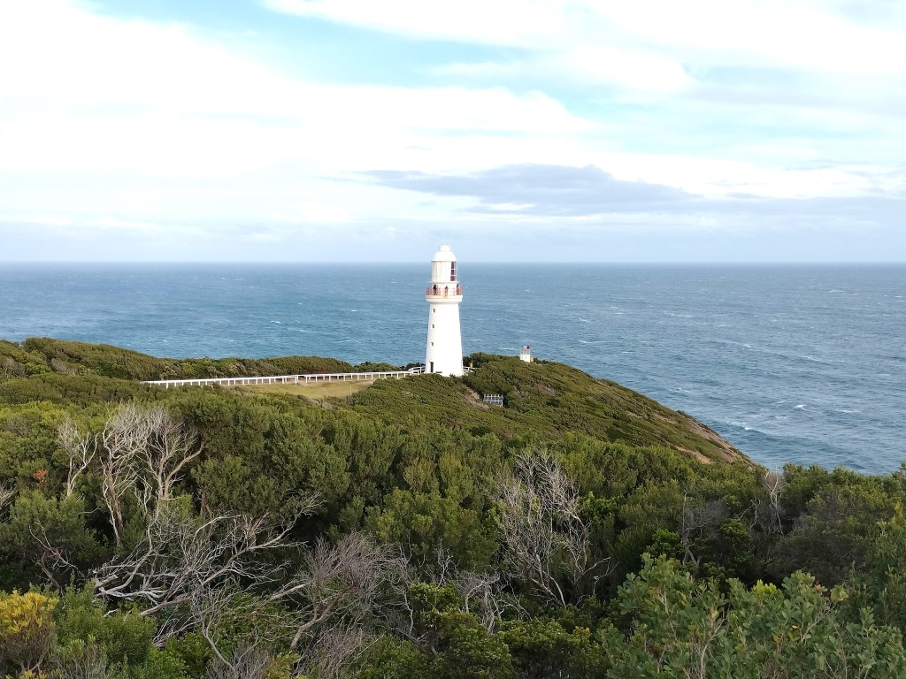 Phare Cape Otway Lightstation, végétation au premier plan, océan en fond